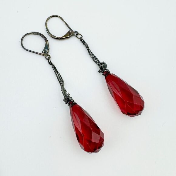 Vintage Parure Blood Red Teardrop Necklace Earrings Set Vampire Glam Bling Drape - Picture 6 of 12